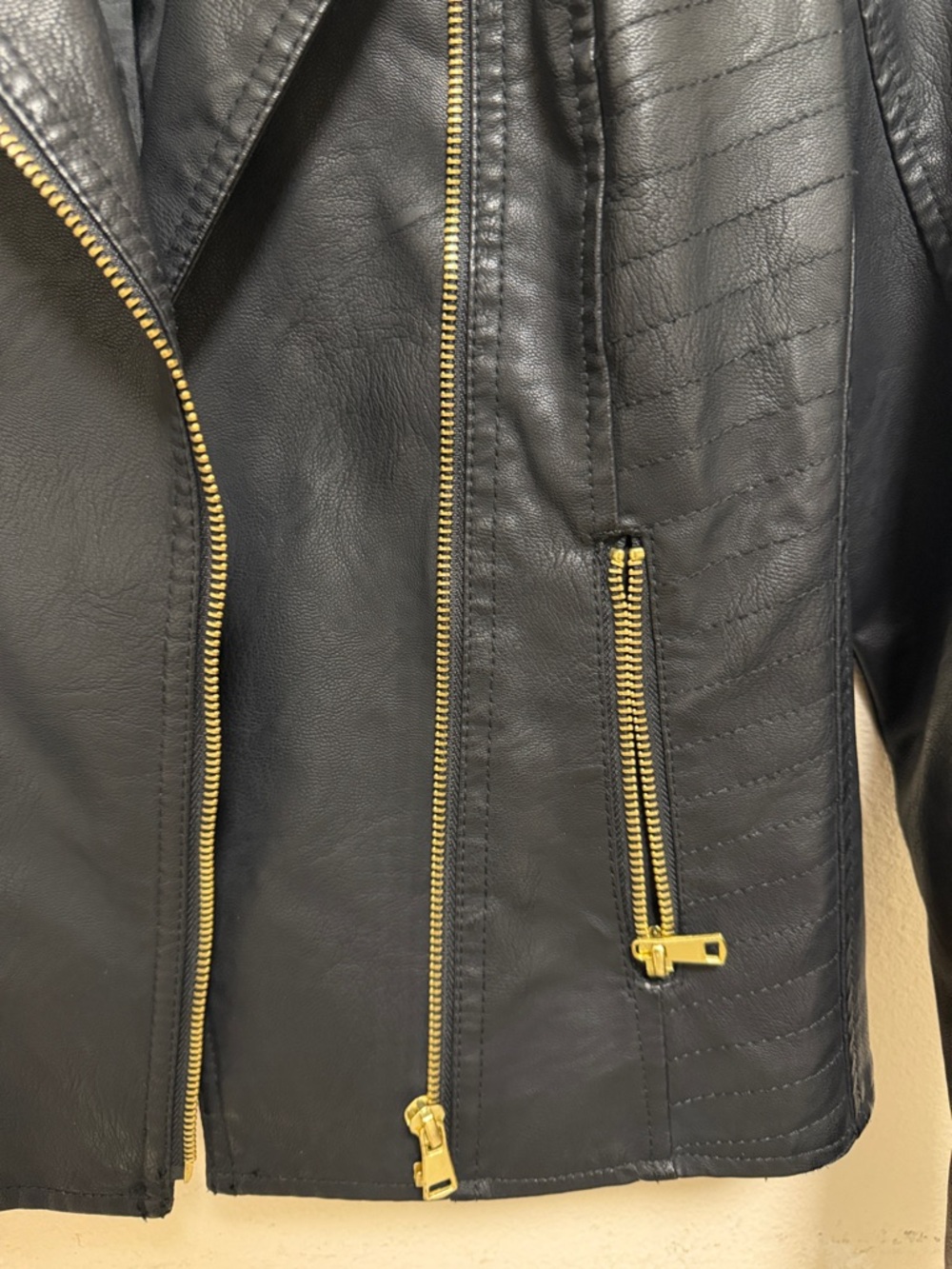 Baccini Black Faux Leather Asymmetrical Zip Jacket with Gold Hardware - Picture 2 of 3
